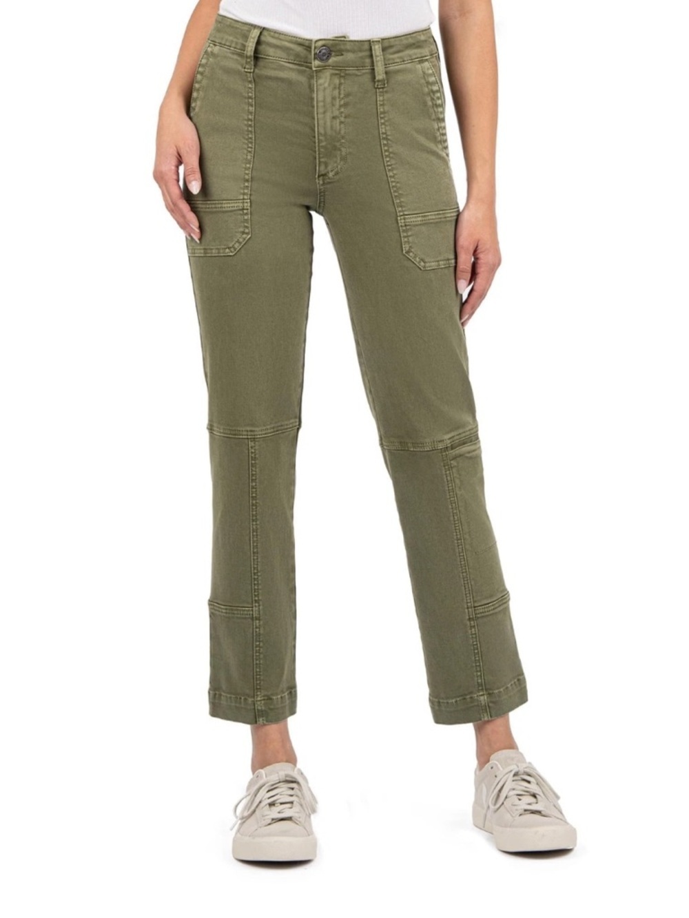 KUT FROM THE KLOTH Elizabeth Hi Rise Straight Leg Pork Chop Pockets Olive Sz 4